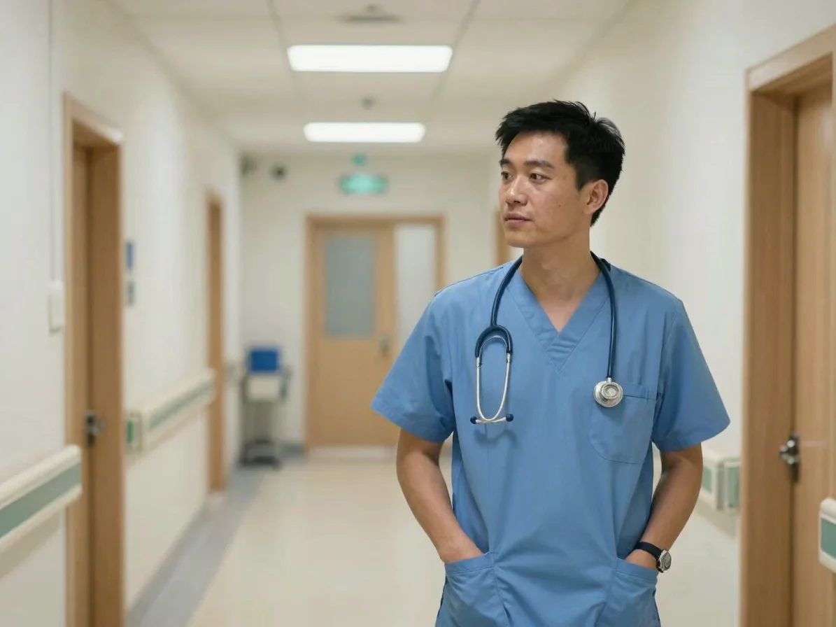 Natural-light healthcare photography of a hospital corridor with a health care professional in a calm, candid moment, so
