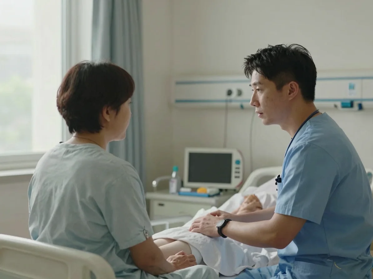 Calm candid view of a hospital recovery room with soft daylight and a health care professional attending a patient in a