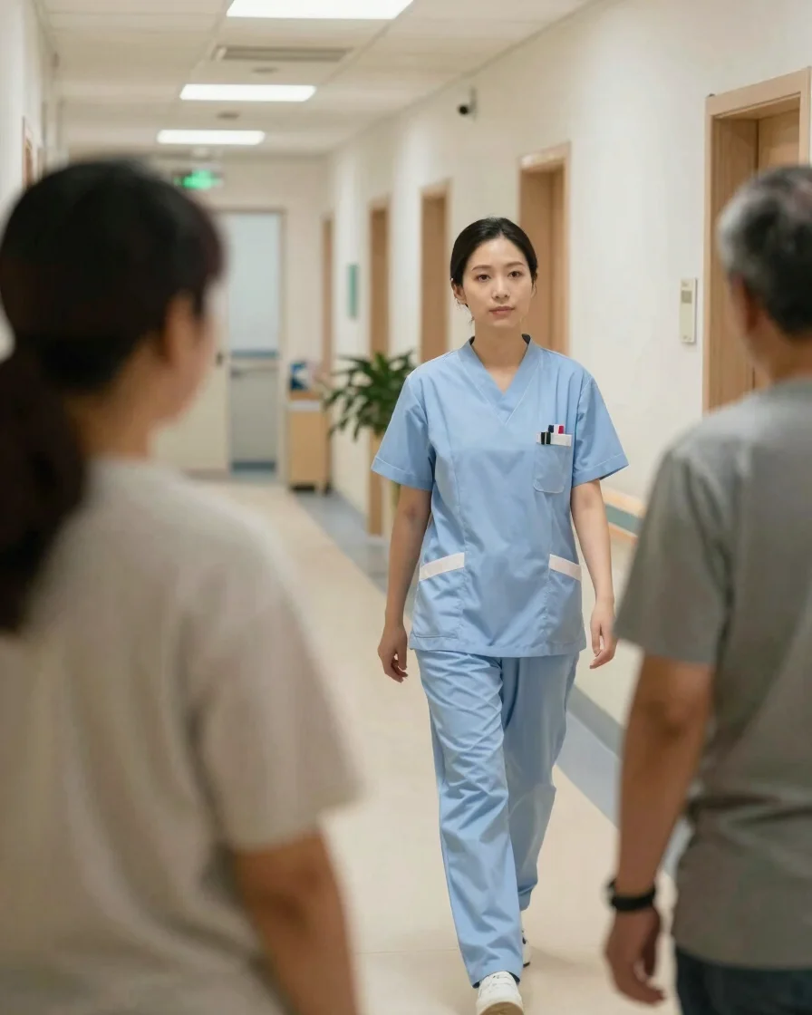 Natural-light healthcare photography of a hospital corridor with a nurse walking calmly beside a patient's family member